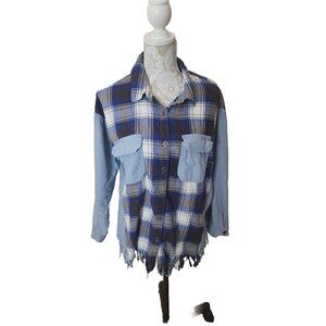 Womens Cato Blue Plaid & Chambray Frayed Hem 3/4 Sleeve button down Top Large